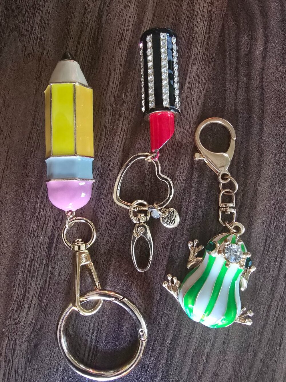Hand Bag Purse Charms/Key Chains, Lot of 3 - Pencil, Frog, Lipstick